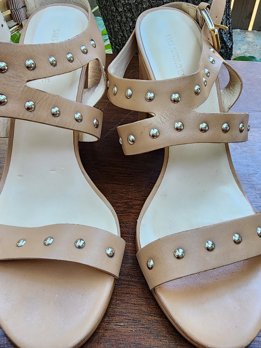 Saks Fifth Avenue Studded Leather Block Heel Sandals Beige Nude Size [9]
